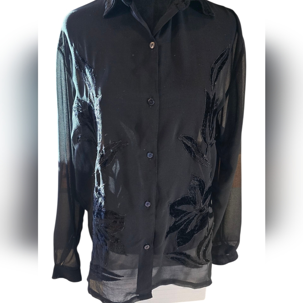 Phenomenon Sheer Black Velvet Design Blouse Medium